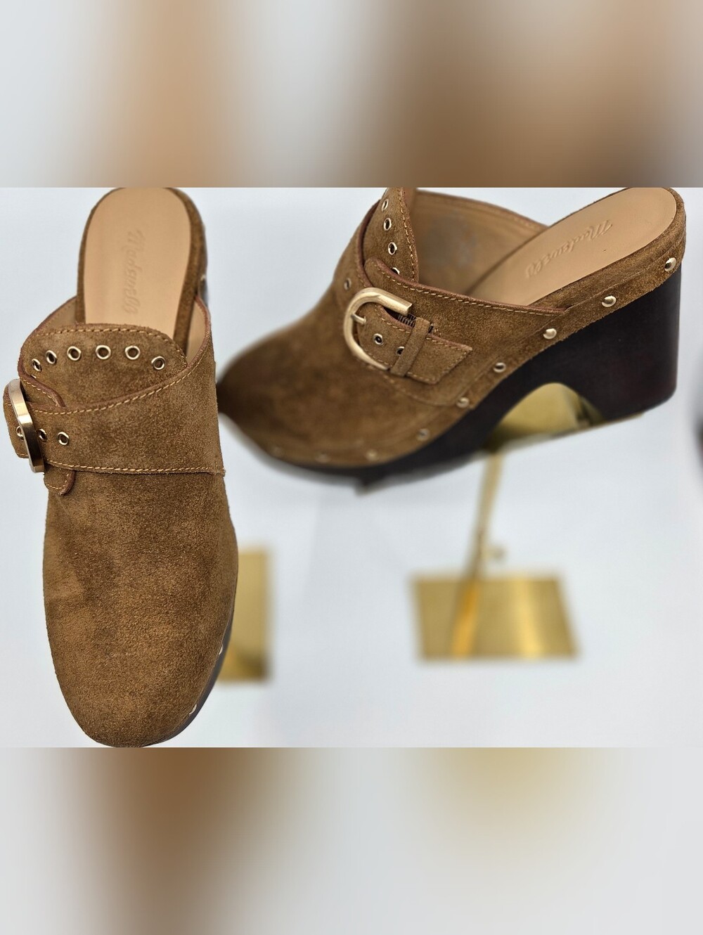 Madewell Brown Suede Studded Buckle Clog Mules